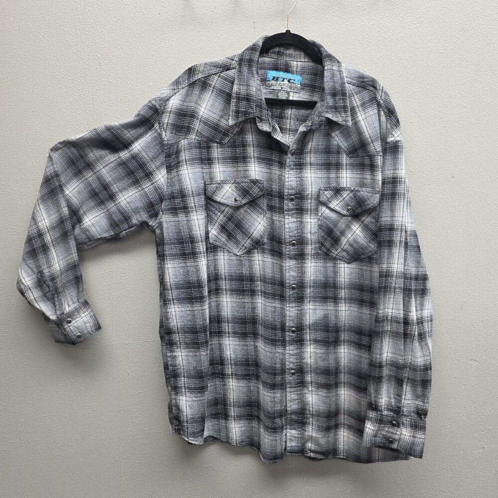 BTC Bay Trading Co Shirt Mens 2XLT Gray Black Plaid Western Pearl Snap Cotton